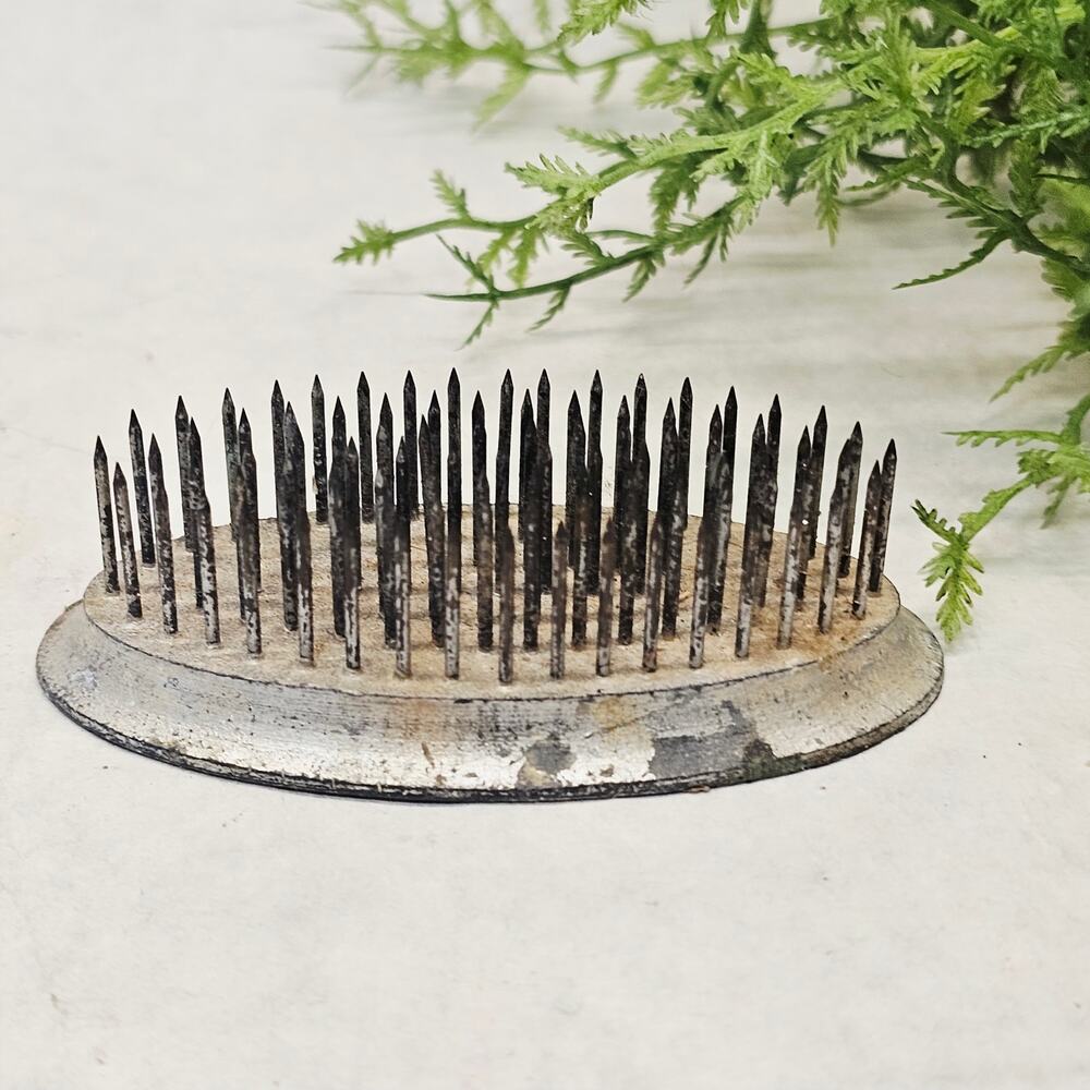 Vintage Large Metal Flower Frog Pins Spikes Floral Stem Holder Arranging Oval 3"